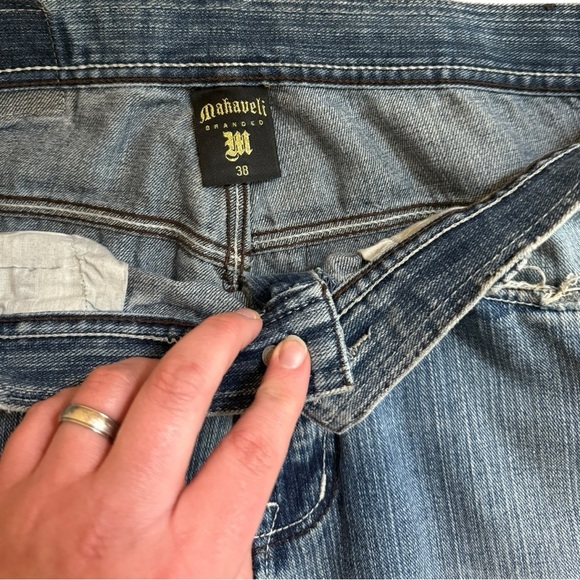 Makaveli Branded Blue Jeans Size 38 Y2K Distressed Wide Leg Denim Tupac 2Pac - Picture 5 of 8